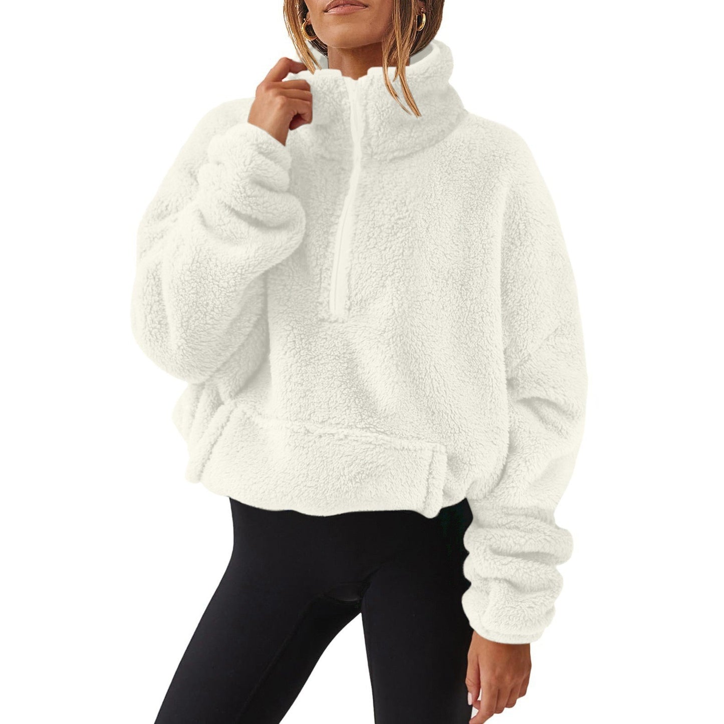 European And American Velvet Fleece-lined Women's Half Zipped Stand Collar Sweater